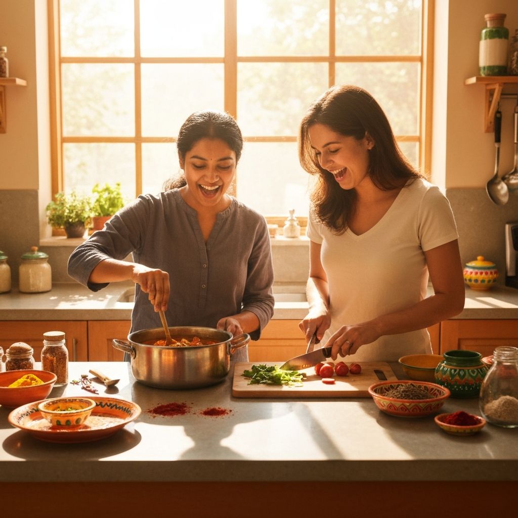 Women cooking together in community kitchen